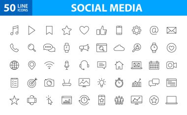 Çizgi tarzında 50 Sosyal Medya web simgeleri ayarlayın. İletişim, dijital, sosyal ağlar, teknoloji, web sitesi. Vektör çizimi.