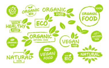 Vegan seti, eko, biyo, organik, taze, sağlıklı, yüzde 100 nateral gıda. Doğal ürün. Amblem kafe koleksiyonu, rozetler, etiketler, ambalaj. Vektör çizimi.