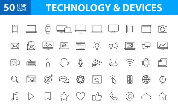 Conjunto de 50 ícones web de dispositivos e tecnologia em estilo de linha. Monitor de computador, smartphone, tablet e laptop. Ilustração vetorial. —  Vetores de Stock