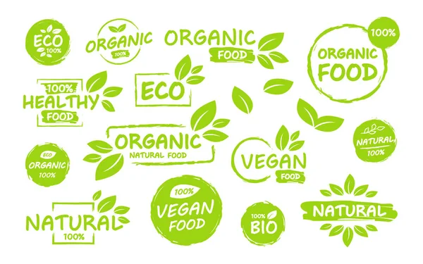 Állítsa be a vegán, öko, bio, bio, friss, egészséges, 100 százalék, natális élelmiszer. Természetes termék. Gyűjteménye embléma kávézó, jelvények, címkék, csomagolás. Vektoros illusztráció. — Stock Vector