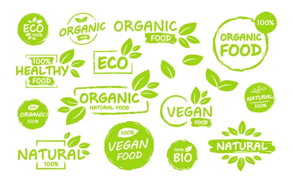 Vegan seti, eko, biyo, organik, taze, sağlıklı, yüzde 100 nateral gıda. Doğal ürün. Amblem kafe koleksiyonu, rozetler, etiketler, ambalaj. Vektör çizimi.