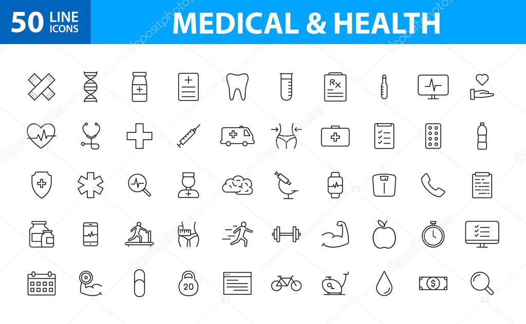 Set of 50 Medical and Health web icons in line style. Medicine and Health Care, RX, infographic. Vector illustration