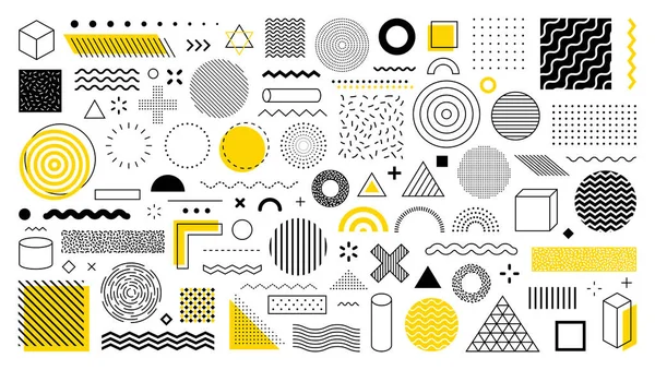 100 geometrik şekil seti. Memphis tasarımı, web, vintage, reklam, ticari afiş, poster, reklam panosu, satış için retro elementler. Koleksiyon trend yarım ton vektör geometrik şekilleri.