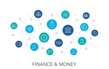 Para ve Finans web simgelerini hizaya getir. Para, dolar, ödeme, banka, para, para. Dijital ağ, sosyal medya. Vektör illüstrasyonu.