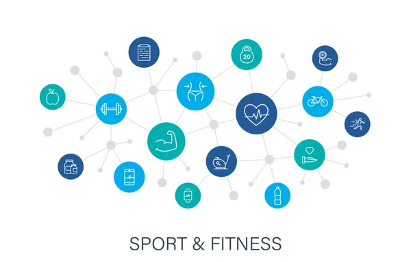 Conceito Desporto e Fitness web ícones em estilo de linha. Futebol, nutrição, treino, trabalho em equipa. Rede digital, redes sociais. Ilustração vetorial . — Vetor de Stock