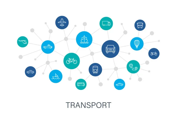 Concept Transport web icons in line style. Train, Airplane, car, bus, helicopter, bike. Digital network, social media. Vector illustration. — ストックベクタ