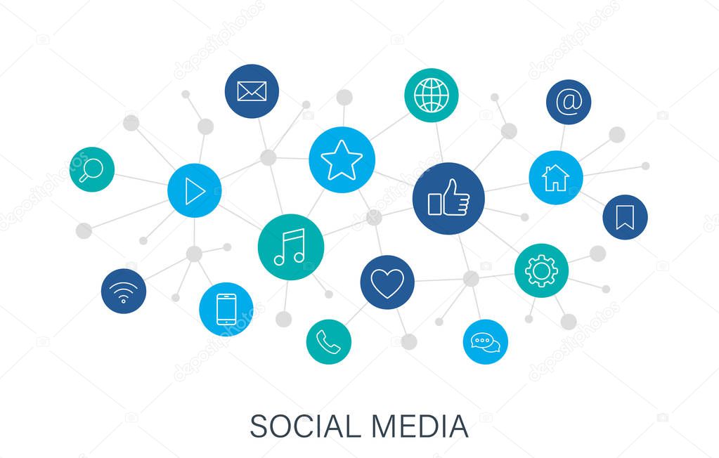 Concept Social Media web icons in line style. Contact, digital, social networks, technology, website. Digital network, social media. Vector illustration.