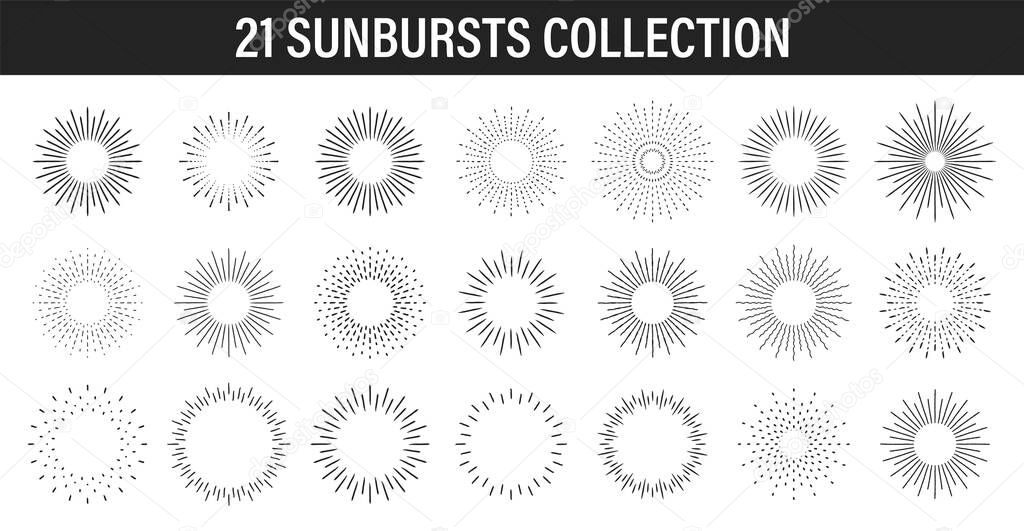 Sunburst set. Big collection sunburst best quality. Star, firework explosion, logo, emblem, tag. Web banner Vector Illustration