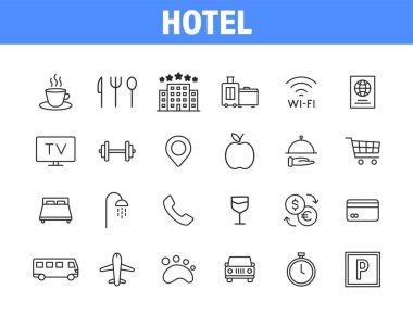 24 otelin web simgelerinden oluşan bir set. Oda, iş, park, seyahat, uyku, rahat Vektör illüstrasyonu