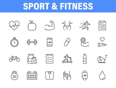 24 Sport and Fitness seti, sağlıklı yemek ağı simgeleri. Futbol, beslenme, antrenman, takım çalışması. Vektör illüstrasyonu.