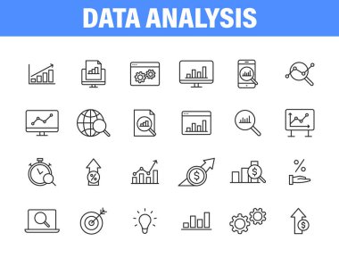 Satır biçiminde 24 Veri Analizi web simgesi kümesi. Grafikler, Analizler, Büyük Veriler, büyüme, grafik, araştırma. Vektör illüstrasyonu.