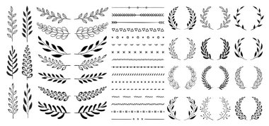 Siyah dairesel yaprak seti. Şöhret dalları. Antika defne çelenkleri koleksiyonu. El yapımı Laurel vektörü dekoratif elementler bırakır. Yapraklar, girdaplar, süsler, ödül, ikon. Vektör illüstrasyonu.