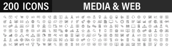 Set 200 Media Web Icons Line Style Data Analytics Digital — Stock Vector
