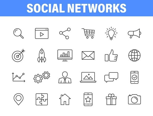 Uppsättning Sociala Nätverk Webb Ikoner Linje Stil Marknadsföring Feedback Ledning — Stock vektor