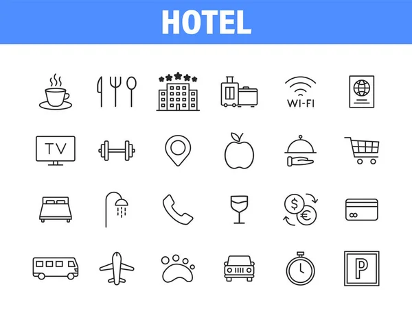Set Von Hotel Web Symbolen Linienstil Zimmer Geschäft Parken Reisen — Stockvektor