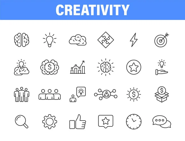 Sada 24 kreativity a Myšlenka webové ikony v line stylu. Kreativita, Hledání řešení, Brainstorming, Kreativní myšlení, Mozek. Vektorová ilustrace. — Stockový vektor