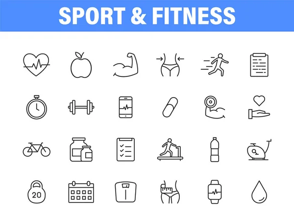 Набор из 24 видов спорта и фитнеса, здоровое питание иконки в линейном стиле. Футбол, питание, тренировки, командная работа. Векторная иллюстрация. — стоковый вектор