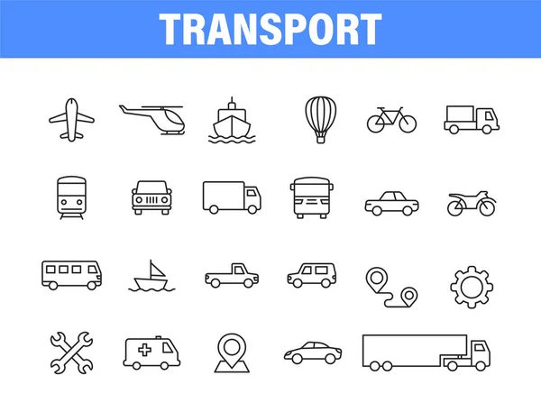 Set di 24 icone web di trasporto in stile linea. Aereo, autobus, parcheggio, viaggi, treno, confortevole. Illustrazione vettoriale. — Vettoriale Stock