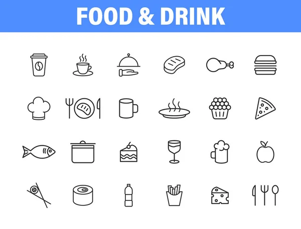 Conjunto de 24 Food and Drink web ícones em estilo linha. Coffe, água, comer, restaurante, fast food. Ilustração vetorial. — Vetor de Stock