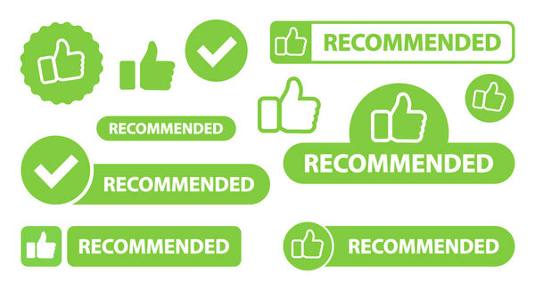 Recommended banner with thumbs up. Big set recommended elements. Vector illustration.