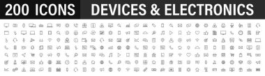 40 Elektronik ve Aygıt web simgesinden oluşan bir set. Cihaz, telefon, dizüstü bilgisayar, iletişim, akıllı telefon, ekommerce. Vektör illüstrasyonu