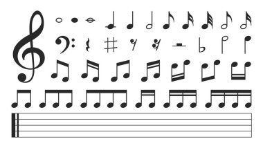 Müzik notaları seti. Siyah nota simgeleri. Müzik elemanları. Üçlü anahtar. Vektör illüstrasyonu.