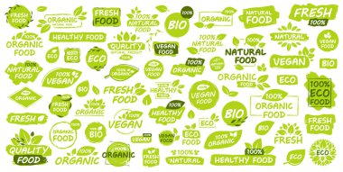 Vegan, Eco, Bio, Organik, Taze, Sağlıklı,% 100 doğal gıda seti. Doğal ürün. 60 amblem, kafe, rozet, etiket, ambalaj koleksiyonu. Vektör illüstrasyonu.