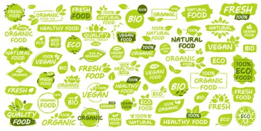 Set of Vegan, Eco, Bio, Organic, Fresh, Healthy, 100 percent, natural food. Natural product. Collection of 60 emblem, cafe, badges, tags, packaging. Vector illustration. clipart