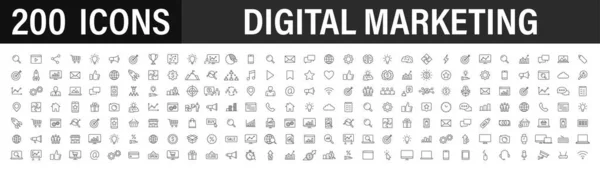 Uppsättning 200 digitala marknadsföring webb ikoner i linje stil. Socialt, nätverk, feedback, kommunikation, marknadsföring, e-handel. Vektorillustration. — Stock vektor