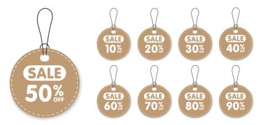 Satış etiketleri ve etiketleri, alışveriş etiketleri. Boş, indirimli ve fiyat etiketli kağıtlar. Özel fiyat. Eski model. Vektör illüstrasyonu.