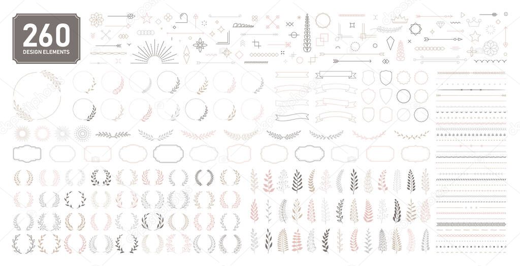 Set of 260 design elements. Wreath, frames, calligraphic, swirls divider, laurel leaves, ornate, award, arrows. Decorative vintage line elements collection. Vector illustration.