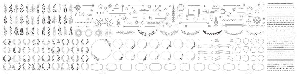 Set of 260 design elements. Wreath, frames, calligraphic, swirls divider, laurel leaves, ornate, award, arrows. Decorative vintage line elements collection. Vector illustration.