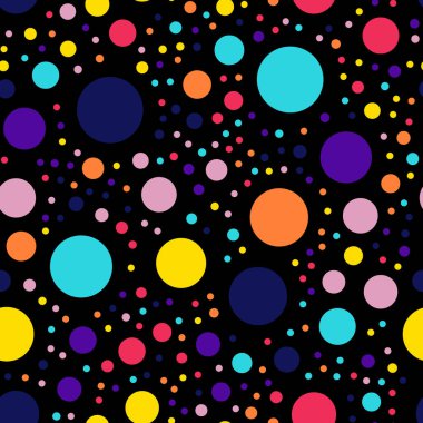 Memphis stili puantiyeli seamless modeli siyah arka plan alışılmadık modern memphis polka noktaları üzerinde