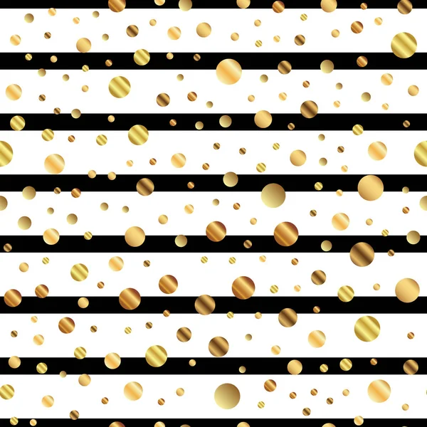 Pois dorés motif sans couture sur fond rayé noir et blanc Merveilleux dégradé pois dorés — Image vectorielle