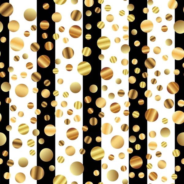 Patrón sin costuras de puntos dorados sobre fondo rayado blanco y negro Atractivo gradiente puntos dorados — Vector de stock