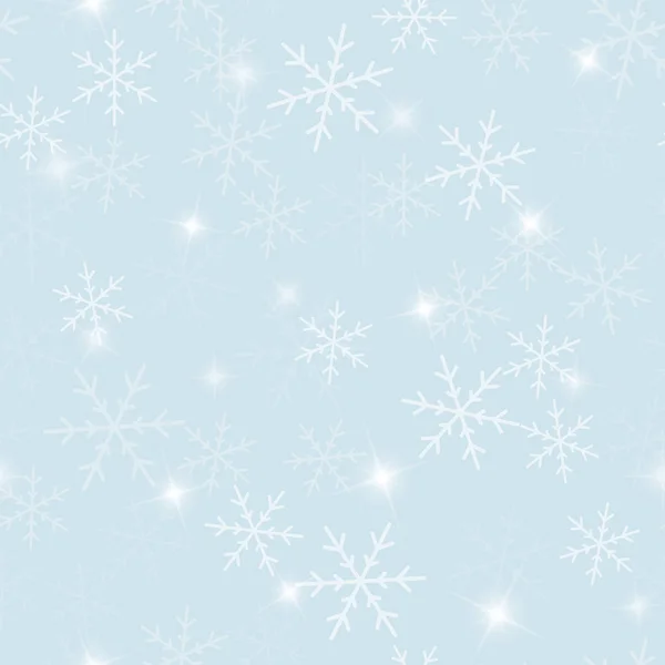 Magic snowflakes seamless pattern on light blue Christmas background Chaotic scattered magic — Stock Vector