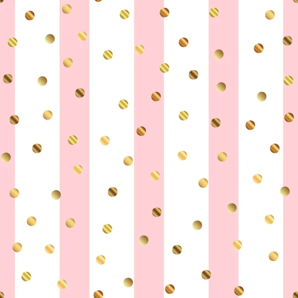 Golden dots seamless pattern on pink striped background Impressive gradient golden dots endless — Stock Vector