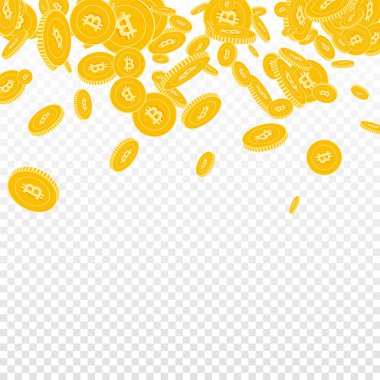 Bitcoin Internet para birimi düşen parçalı Btc paralar şeffaf arka plan üzerinde kayan paralar