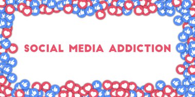 Sosyal medya bağımlılık. Sosyal Medya Icons dağınık başparmak yukarıya ve kalpleri ile soyut şekli arka plan. 