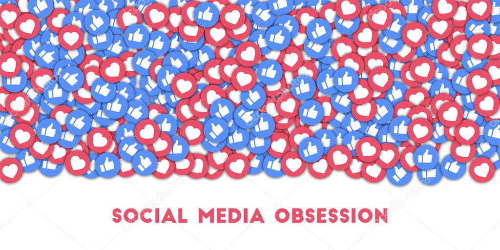 Social media obsession. Social media icons in abstract shape background with scattered thumbs up and hearts. 