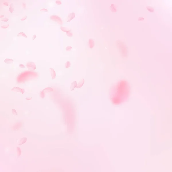 Des pétales de Sakura tombent. Romantique coin de fleurs roses. Pétales volantes sur fond carré rose . — Image vectorielle