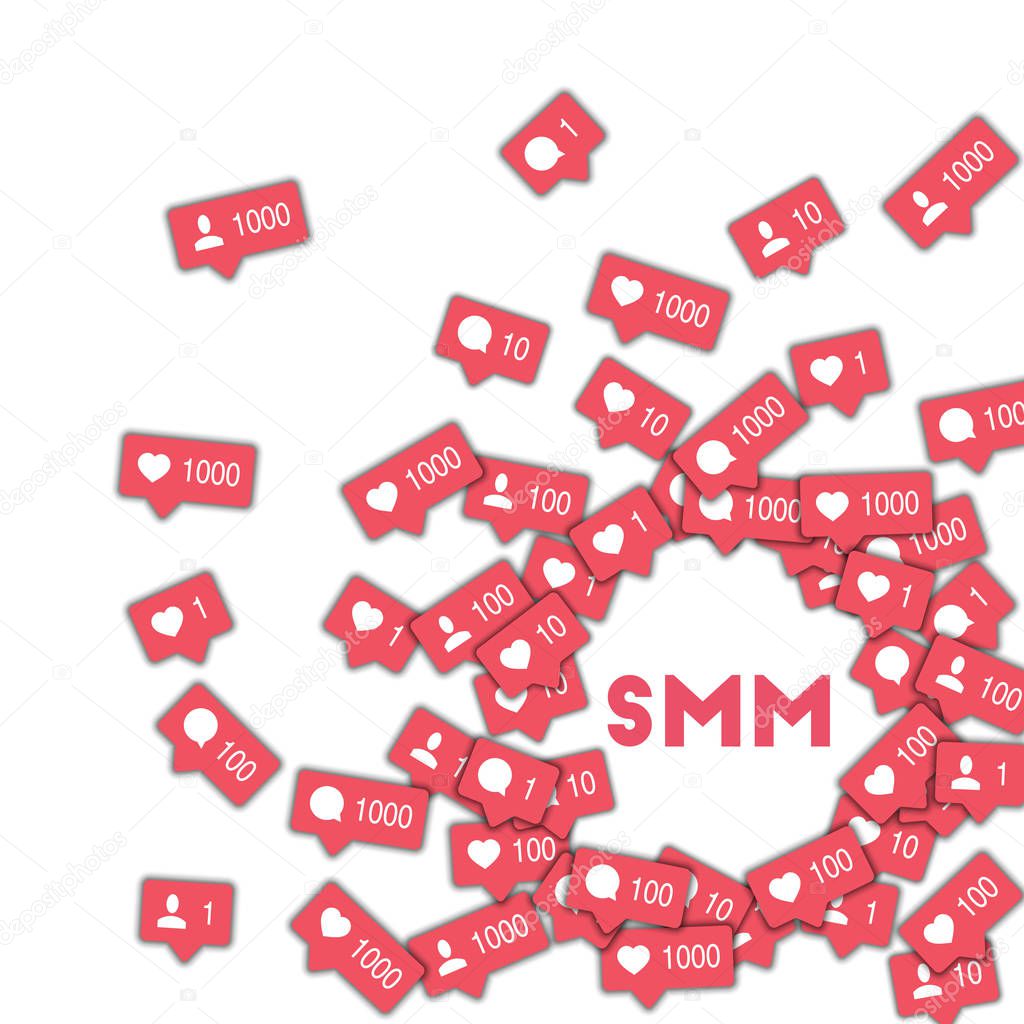 SMM. Social media icons in abstract shape background with counter, comment and friend notification. 