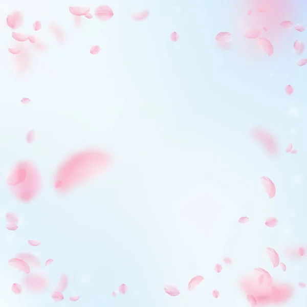 Pétalas Sakura a cair. Vinheta de flores rosa romântico. Pétalas voadoras em fundo quadrado céu azul . —  Vetores de Stock