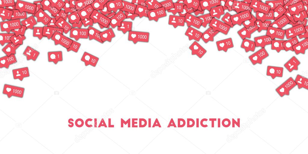 Social media addiction. Social media icons in abstract shape background with counter, comment and friend notification. 