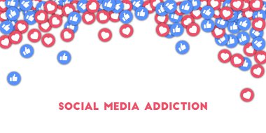 Sosyal medya bağımlılığı. Sosyal medya simgeleri soyut şekilli arkaplan ve dağınık başparmaklar ve