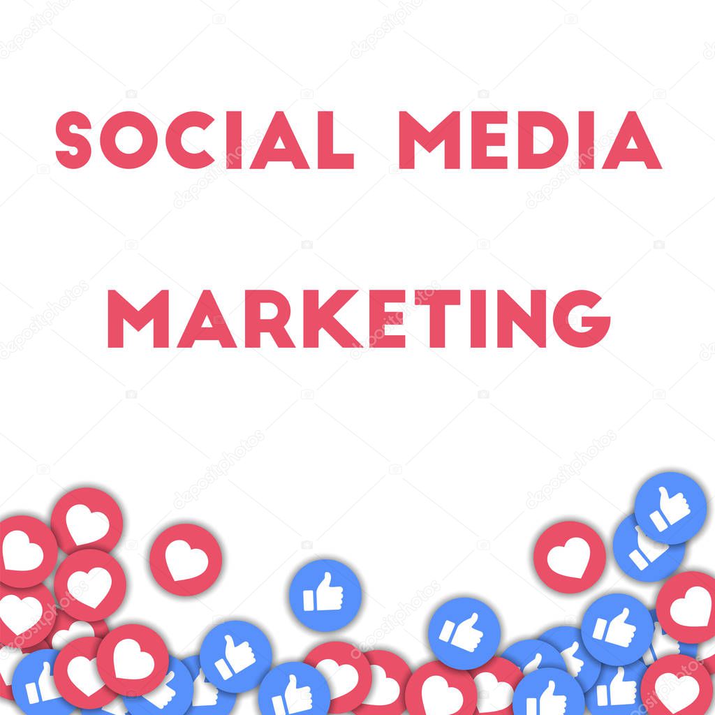 Social media marketing. Social media icons in abstract shape background with scattered thumbs up and