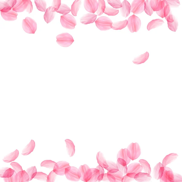 Лепестки Сакуры падают. Романтические розовые шелковистые большие цветы. Толстые летающие лепестки вишни. Приложение Borders — стоковый вектор