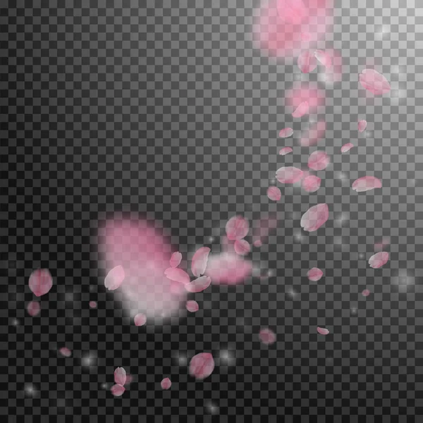 Des pétales de Sakura tombent. Romantique coin de fleurs roses. Pétales volantes sur fond carré transparent — Image vectorielle