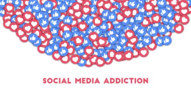 Sosyal medya bağımlılığı. Sosyal medya simgeleri soyut şekilli arkaplan ve dağınık başparmaklar ve