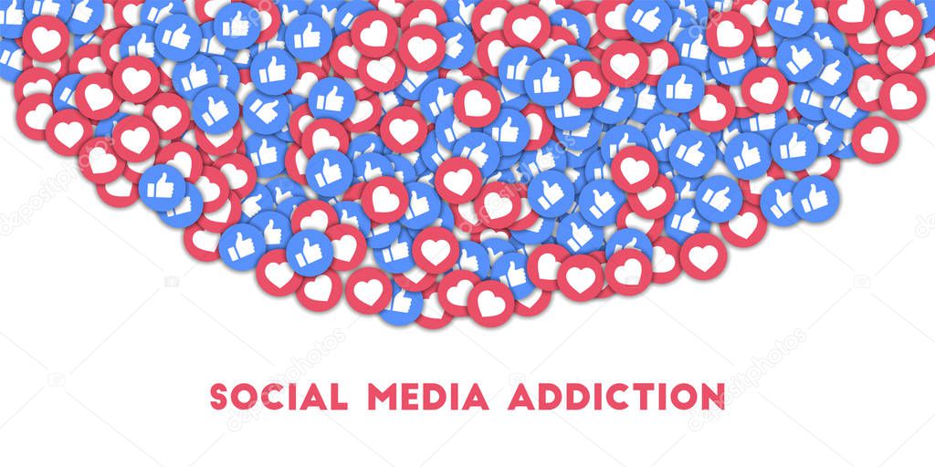 Social media addiction. Social media icons in abstract shape background with scattered thumbs up and